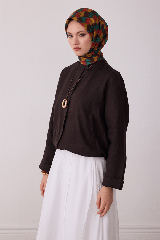 Kahverengi Geometrik Desen %100 Twill İpek Eşarp 4406-84