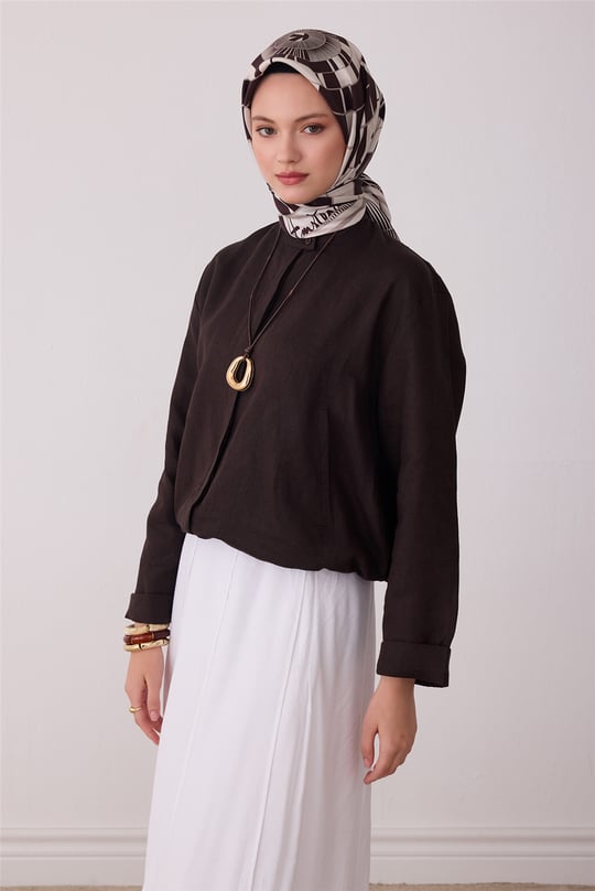 Kahverengi Geometrik Desen %100 Twill İpek Eşarp 4411-60