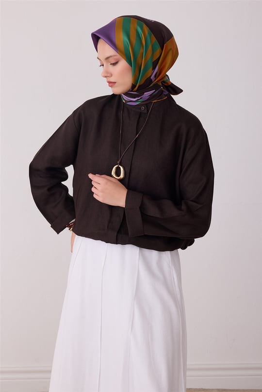 Kahverengi Obje Desen %100 Twill İpek Eşarp 4409-50
