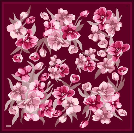 Kırmızı Çiçek Desen %100 Twill İpek Eşarp 4330-04