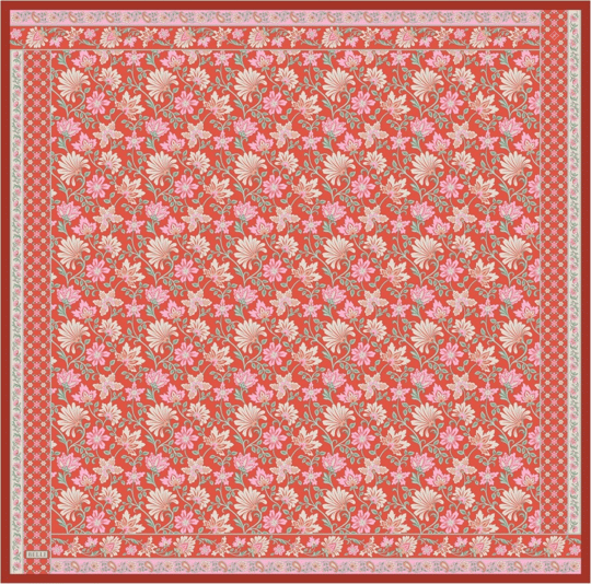 Kırmızı Çok Renkli Etnik Desen %100 Twill İpek Eşarp 4314-09