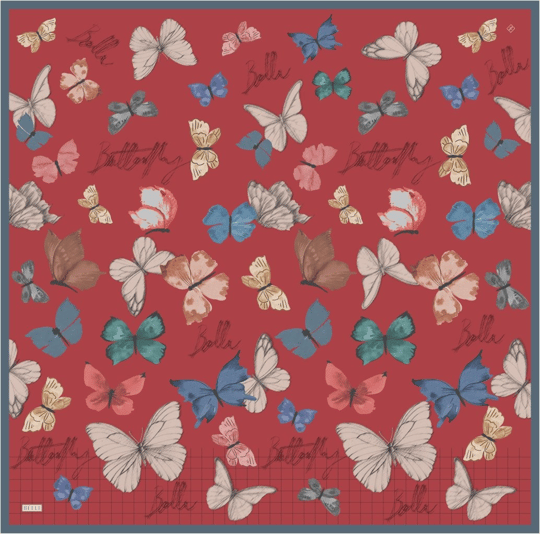 Kırmızı Obje Desen %100 Twill İpek Eşarp 4329-83