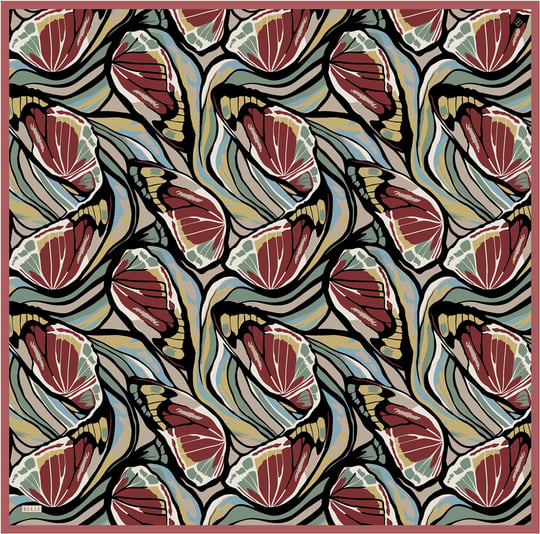 Kırmızı Soyut Desen %100 Twill İpek Eşarp 4417-32