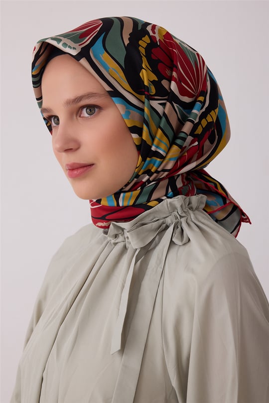 Kırmızı Soyut Desen %100 Twill İpek Eşarp 4417-32