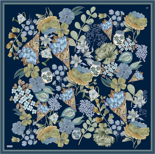 Lacivert Çiçek Deseni %100 Twill İpek Eşarp 4415-07