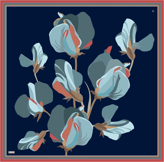 Lacivert Çok Renkli Çiçek Desen %100 Twill İpek Eşarp 4303-51