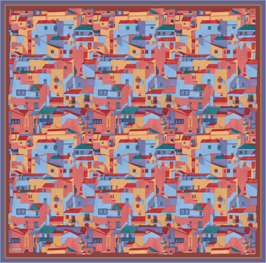 Lacivert Çok Renkli Obje Desen %100 Twill İpek Eşarp 4307-55