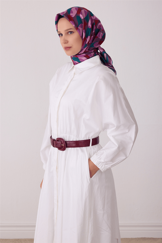 Lila Geometrik Desen %100 Twill İpek Eşarp 4420-84