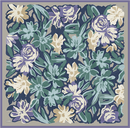 Mavi Çiçek Deseni %100 Twill İpek Eşarp 4416-80
