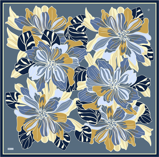 Mavi Çiçek Deseni %100 Twill İpek Eşarp 4413-80