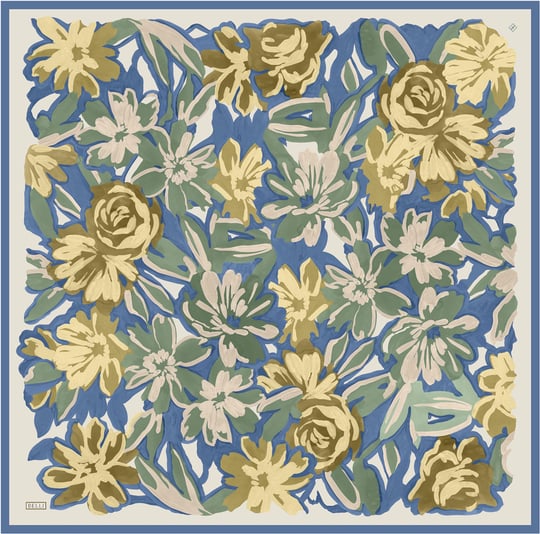 Mavi Çiçek Deseni %100 Twill İpek Eşarp 4416-50