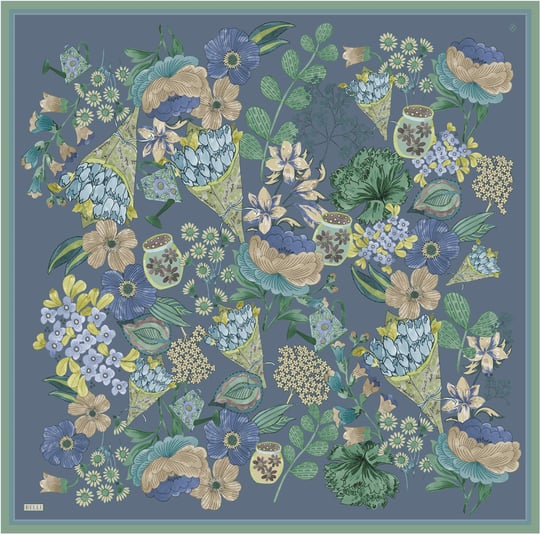Mavi Çiçek Deseni %100 Twill İpek Eşarp 4415-80