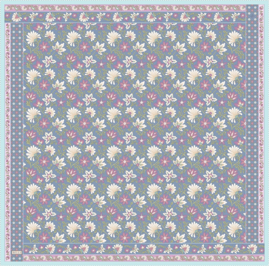 Mavi Çok Renkli Etnik Desen %100 Twill İpek Eşarp 4314-32