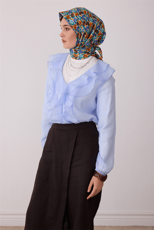 Mavi Geometrik Desen %100 Twill İpek Eşarp 4402-31