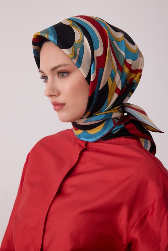 Mavi Soyut Desen %100 Twill İpek Eşarp 4414-31