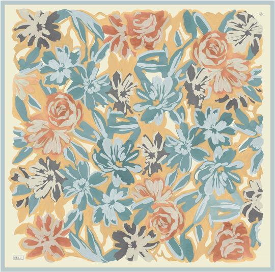 Oranj Çiçek Deseni %100 Twill İpek Eşarp 4416-83