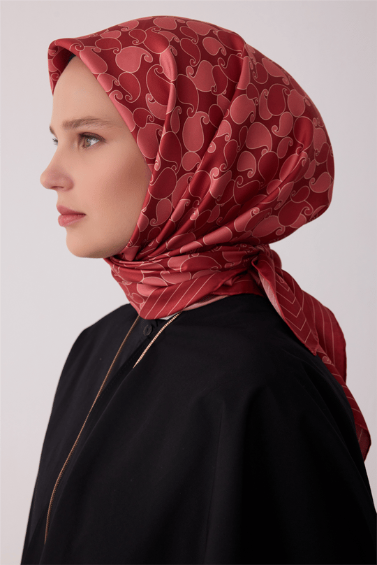 Pembe Etnik Desen %100 Twill İpek Eşarp 4422-20