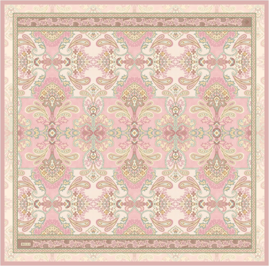 Pembe Etnik Desen %100 Twill İpek Eşarp 4304-05