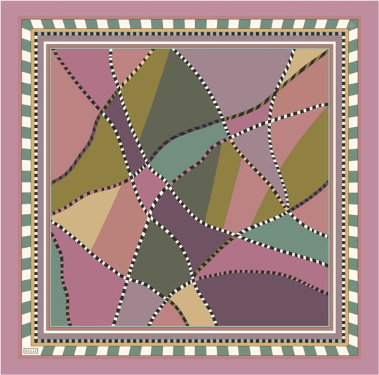 Pembe Geometrik Desen %100 Twill İpek Eşarp 4419-31