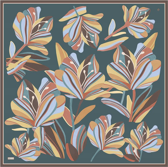 Petrol Çiçek Deseni %100 Twill İpek Eşarp 4410-80