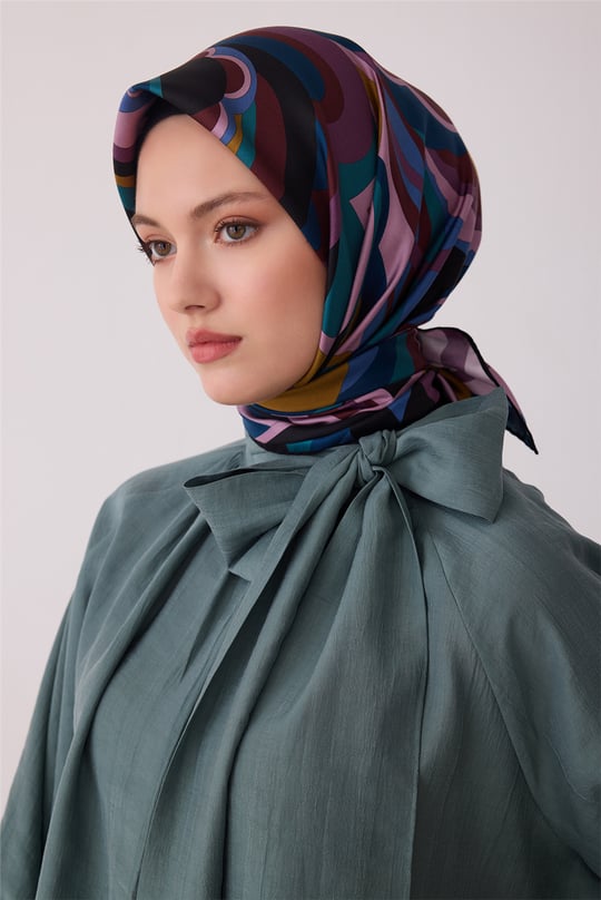 Petrol Soyut Desen %100 Twill İpek Eşarp 4414-04