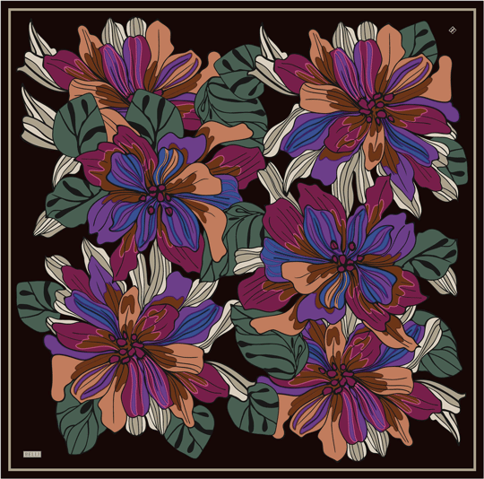 Siyah Çiçek Deseni %100 Twill İpek Eşarp 4413-50