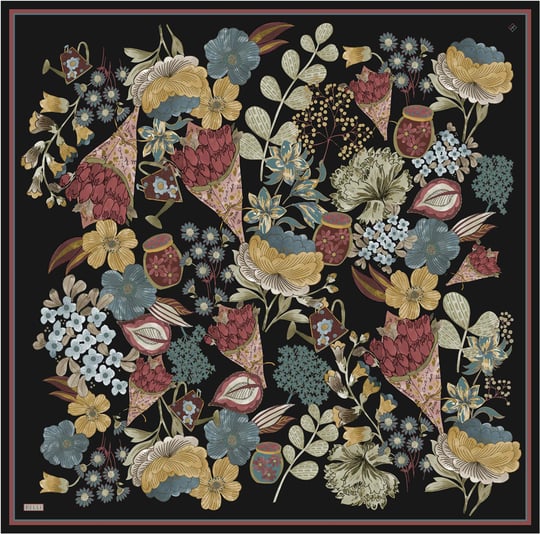 Siyah Çiçek Deseni %100 Twill İpek Eşarp 4415-87