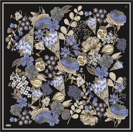 Siyah Çiçek Deseni %100 Twill İpek Eşarp 4415-86
