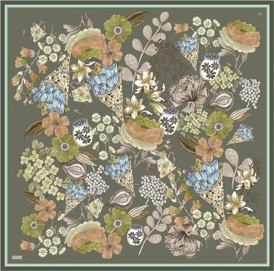 Yeşil Çiçek Deseni %100 Twill İpek Eşarp 4415-55