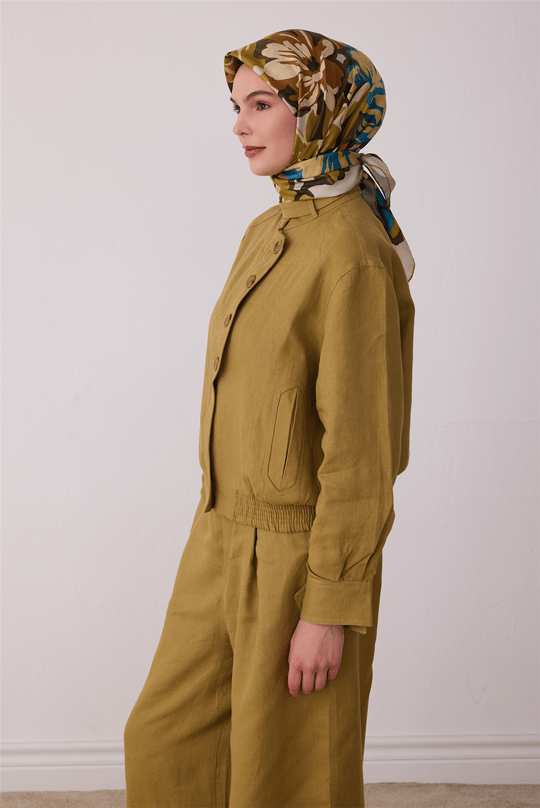 Yeşil Çiçek Deseni %100 Twill İpek Eşarp 4416-81
