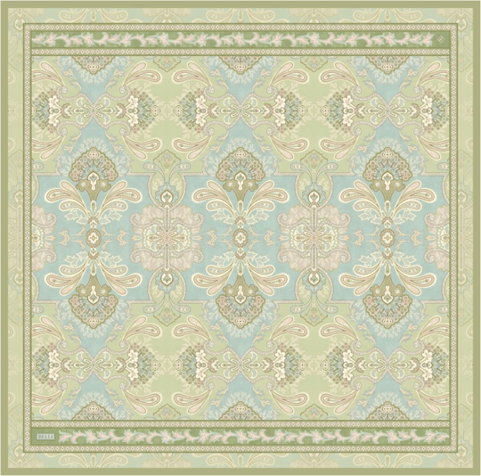 Yeşil Çok Renkli Etnik Desen %100 Twill İpek Eşarp 4304-53