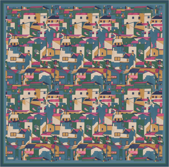 Yeşil Çok Renkli Obje Desen %100 Twill İpek Eşarp 4307-80