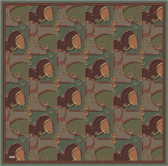 Yeşil Geometrik Desen %100 Twill İpek Eşarp 4400-82
