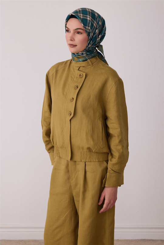 Yeşil Geometrik Desen %100 Twill İpek Eşarp 4421-80