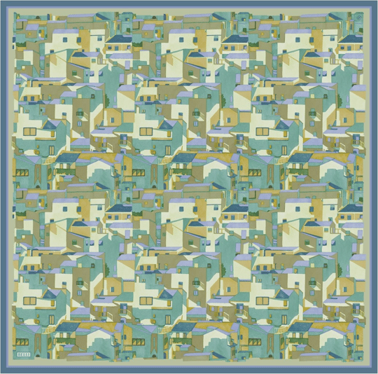 Yeşil Obje Desen %100 Twill İpek Eşarp 4307-03