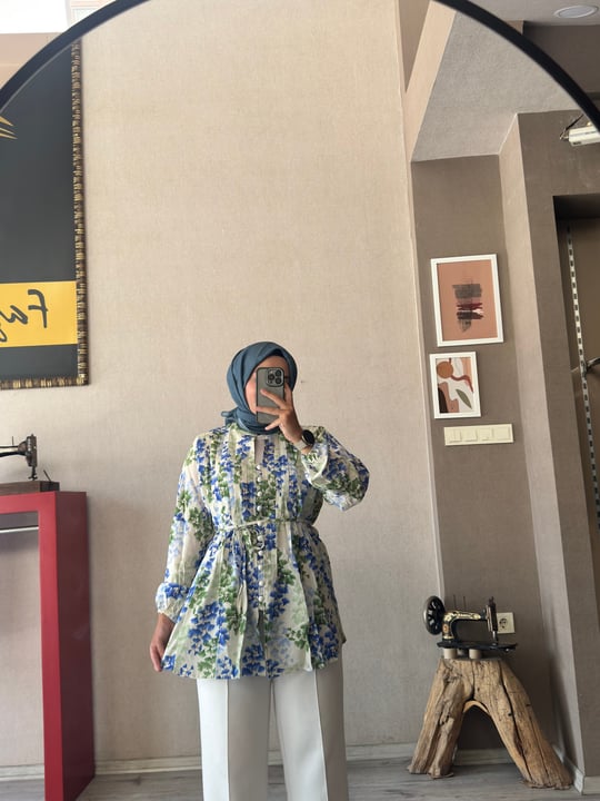 Mavi çiçekli nervüllü tunik - 1148