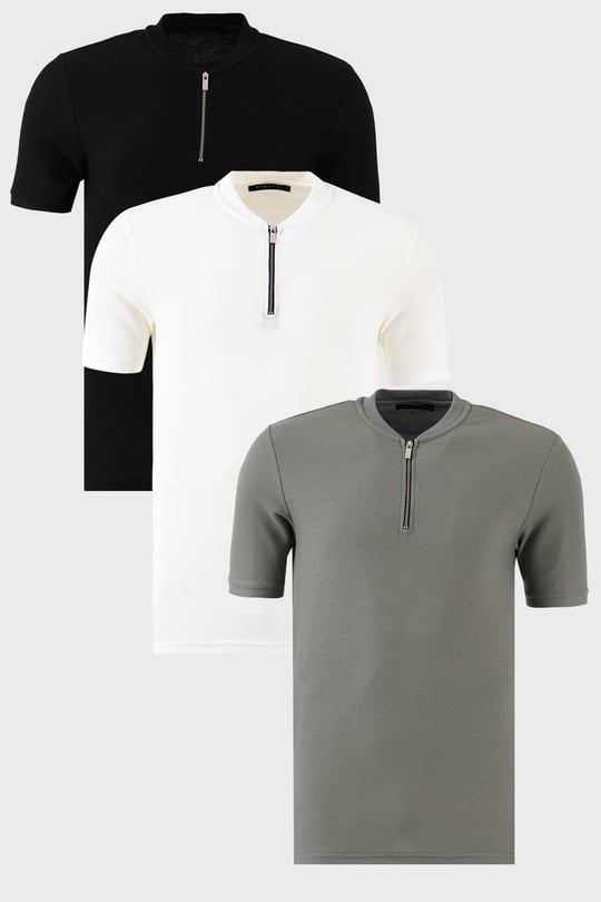 Buratti Pamuklu Regular Fit Yarım Fermuarlı Kolej Yaka 3'lü Paket Erkek T Shirt 5902653S3 Siyah-Beyaz-Açık Haki