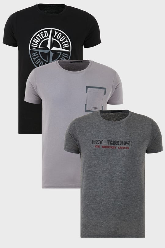 Buratti Pamuklu Slim Fit Bisiklet Yaka Baskılı 3'lü Paket Erkek T Shirt 541S31 Antrasit-Siyah-Açık Gri