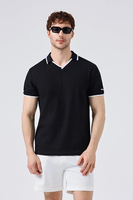 Pamuklu Kontrast Renkli Şerit Detaylı Erkek Polo Yaka T Shirt 5SM5491-BK SİYAH
