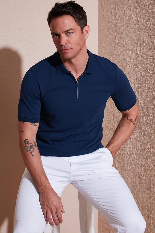 Buratti Pamuklu Regular Fit Yarım Fermuarlı Erkek Polo Yaka T Shirt 5903008 İNDİGO