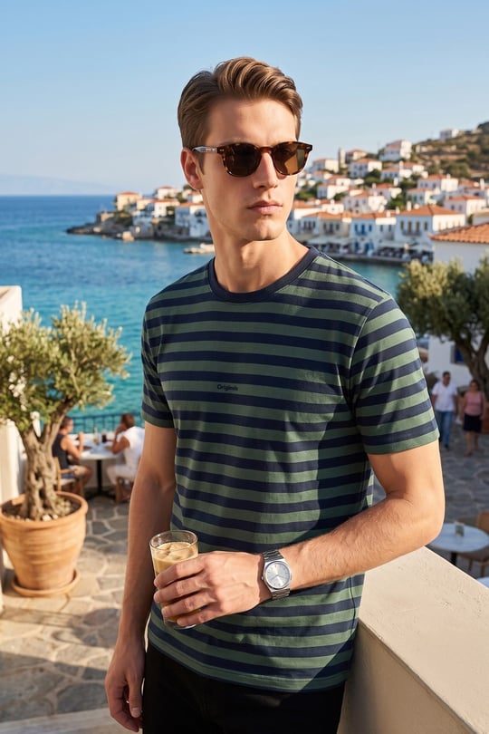 Çizgili Pamuklu Relaxed Fit Bisiklet Yaka Erkek T Shirt 5904078 NEFTİ-LACİVERT