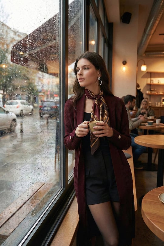 % 100 Akrilik Triko Örme Uzun Kadın Hırka 4615212 BORDO