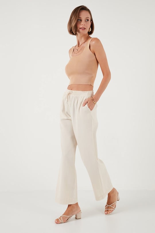 % 100 Pamuklu Bol Paça Regular Fit Kadın Pantolon 673PY2008 BEJ