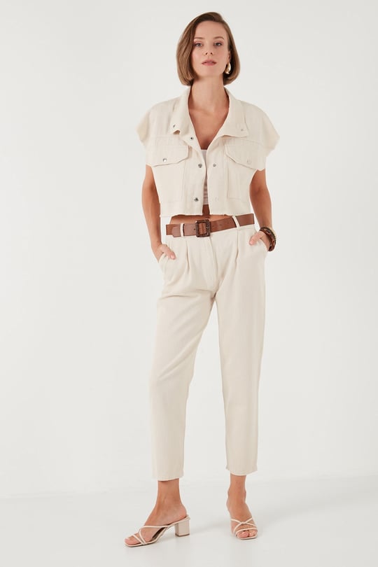 % 100 Pamuklu Regular Fit Kadın Pantolon 673PY2007 BEJ