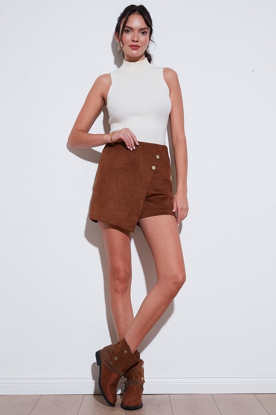 Asimetrik Kışlık Scuba Süet Düğme Detaylı Slim Fit Kadın Şort Etek 5865968 TABA