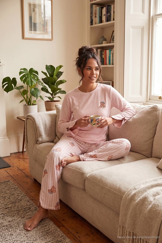 Ayıcık Desenli Lastikli Bel Uzun Kollu Kadın Pijama Takımı 6575023 PEMBE