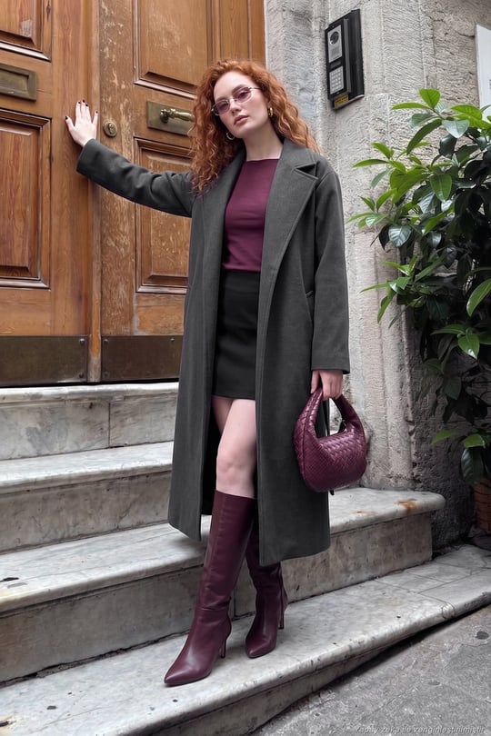 Bağlamalı Kruvaze Yaka Uzun Kadın Kaban 6810428 ANTRASİT