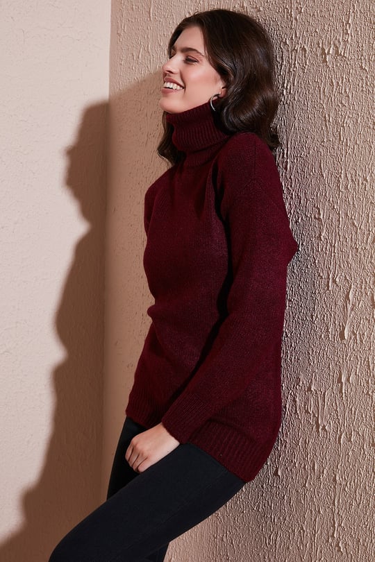 Balıkçı Yaka Örme Uzun Kadın Kazak 4615018 BORDO