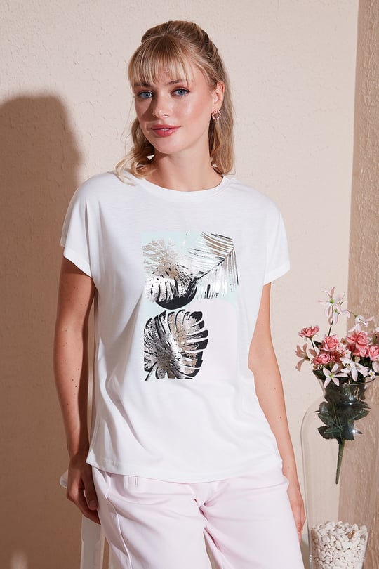 Baskılı Bisiklet Yaka Regular Fit Kadın T Shirt 6671004 EKRU