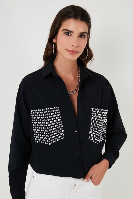 Cepleri Taş Detaylı % 100 Pamuk Oversize Kadın Gömlek 51444781 SİYAH